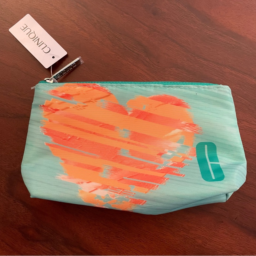 Clinique Heart Design Cosmetic Bag Turquoise & Orange Zipup Pouch - New